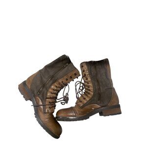 Brown Leather & Canvas Lace-Up Combat Boots With Side Zipper